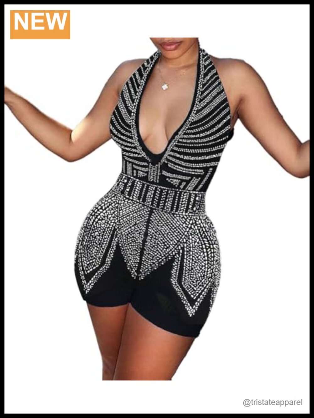 Rhinestone Mesh Bodycon Halter V-Neck Sleeveless Romper